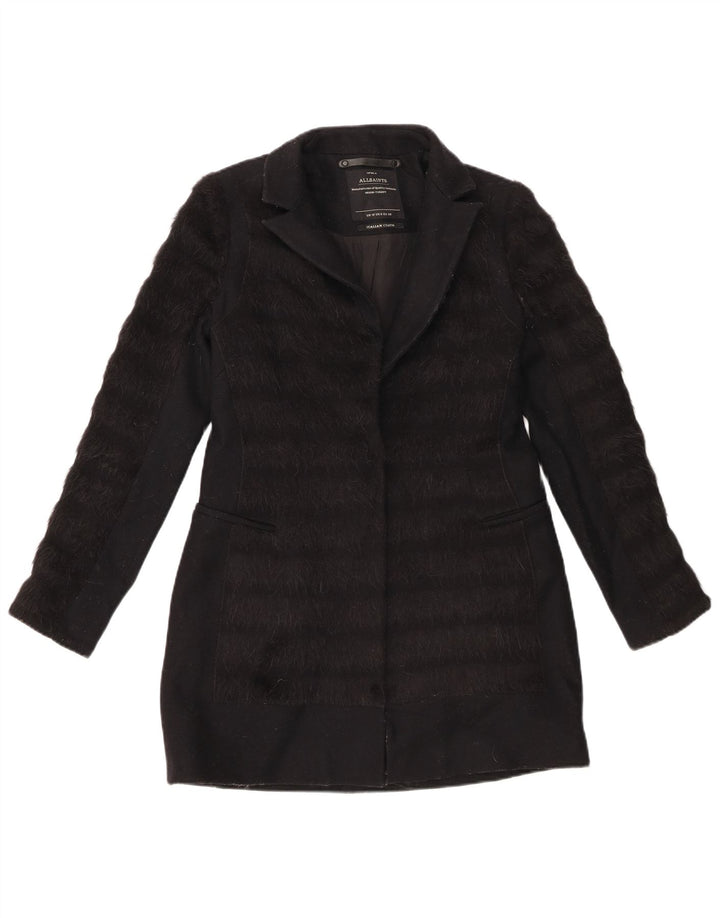 All Saints Womens Overcoat UK 10 Small Black Striped Virgin Wool