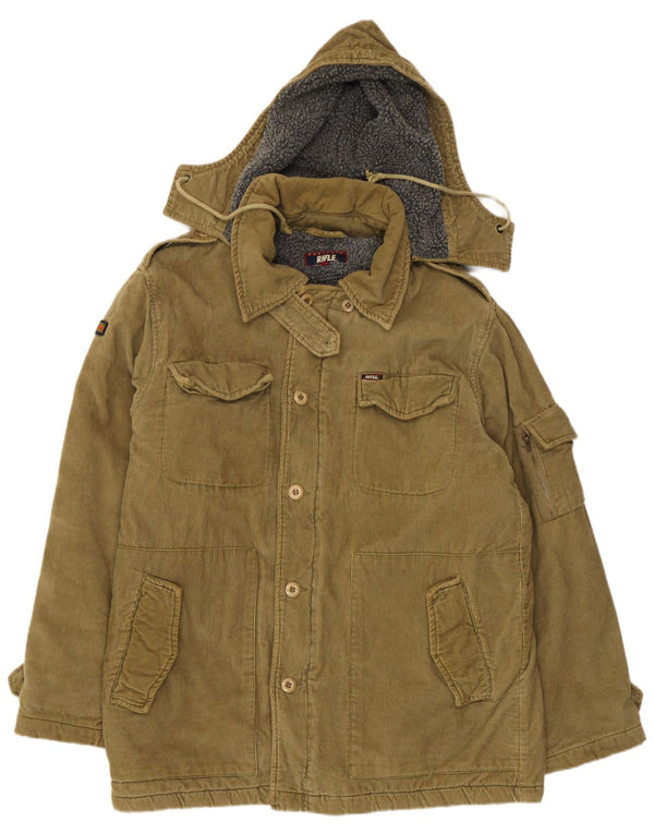 Rifle Mens Military Hooded Corduroy Jacket UK 38 Medium Khaki Cotton