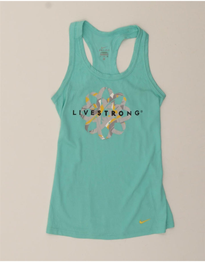 NIKE Womens Dri Fit Graphic Vest Top UK 8 Small Turquoise Polyester Vintage Nike and Second-Hand Nike from Messina Hembry 