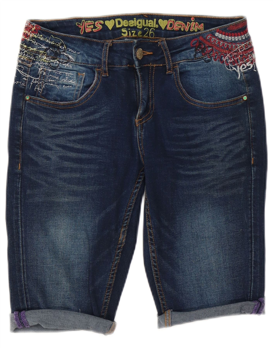 Desigual Womens Graphic Denim Shorts W26 Small Blue Cotton