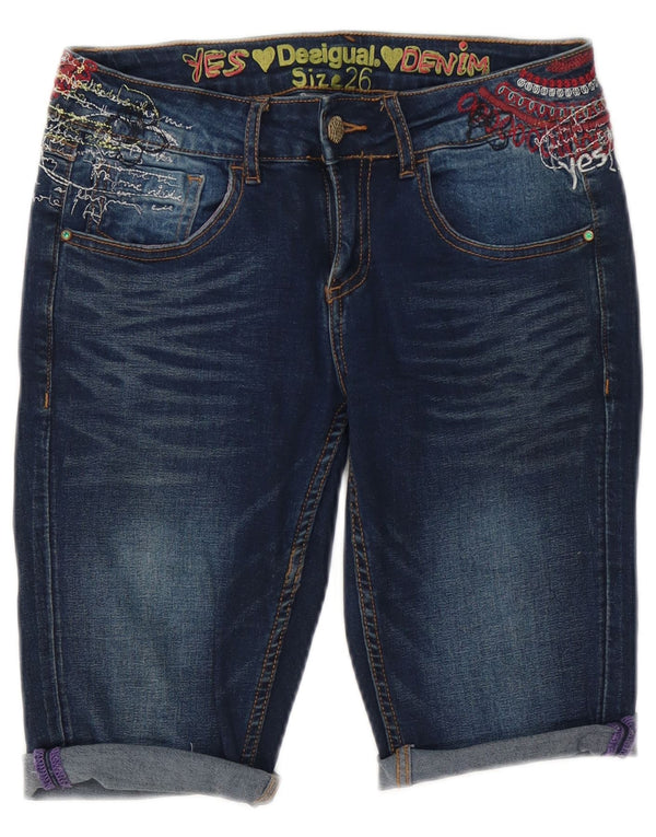 Desigual Womens Graphic Denim Shorts W26 Small Blue Cotton