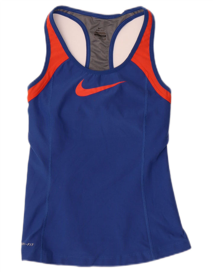 NIKE Womens Dri Fit Graphic Vest Top UK 8 Small Navy Blue Colourblock
