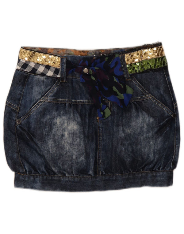 Desigual Girls Mini Denim Skirt 11-12 Years W26 Navy Blue Colourblock