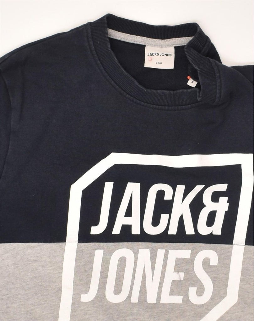 JACK & JONES Mens Graphic Sweatshirt Jumper Small Navy Blue Colourblock | Vintage Jack & Jones | Thrift | Second-Hand Jack & Jones | Used Clothing | Messina Hembry 