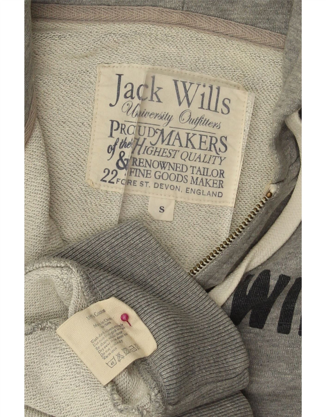 JACK WILLS Mens Graphic Zip Hoodie Sweater Small Grey Cotton