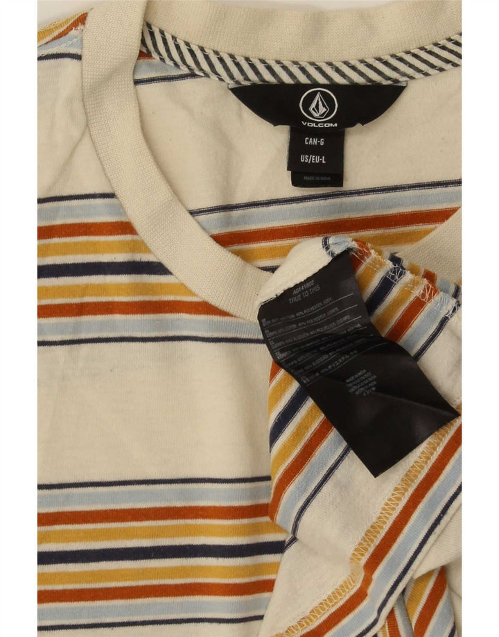 Volcom Mens T-Shirt Top Large Beige Striped Cotton