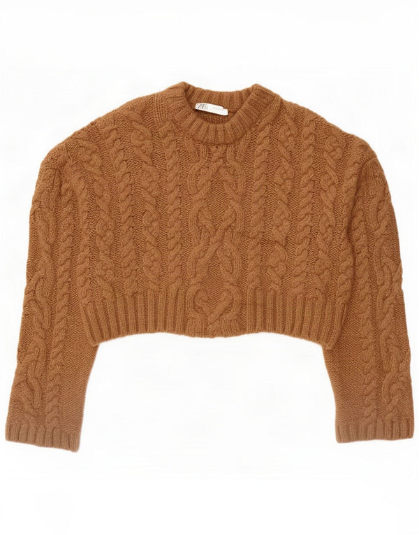 Zara Womens Crop Oversized Boat Neck Jumper Sweater UK 14 Medium Brown