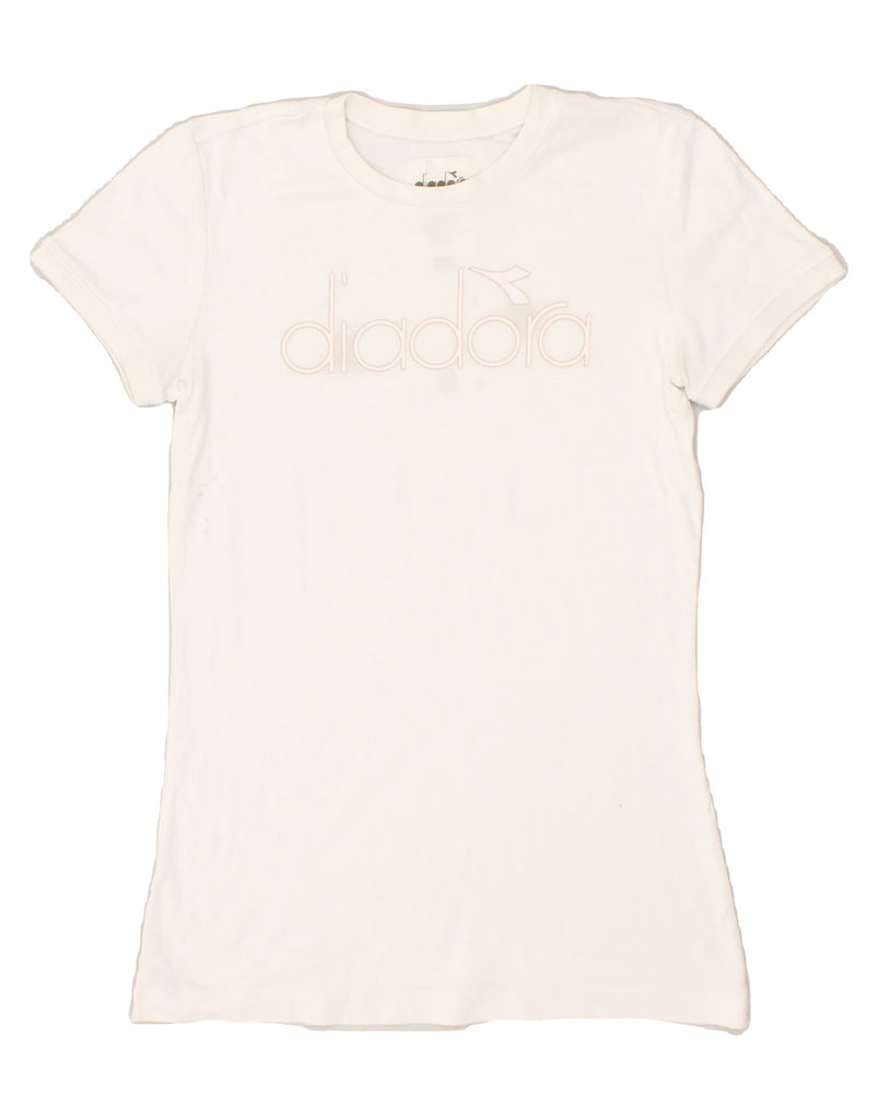 DIADORA Womens Graphic T-Shirt Top UK 10 Small White | Vintage Diadora | Thrift | Second-Hand Diadora | Used Clothing | Messina Hembry 