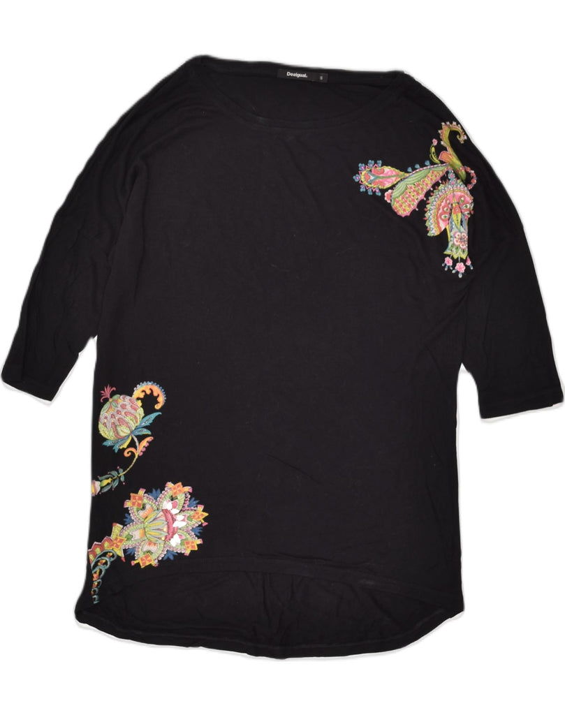 DESIGUAL Womens Graphic Top 3/4 Sleeve UK 10 Small Black Floral Cotton | Vintage Desigual | Thrift | Second-Hand Desigual | Used Clothing | Messina Hembry 