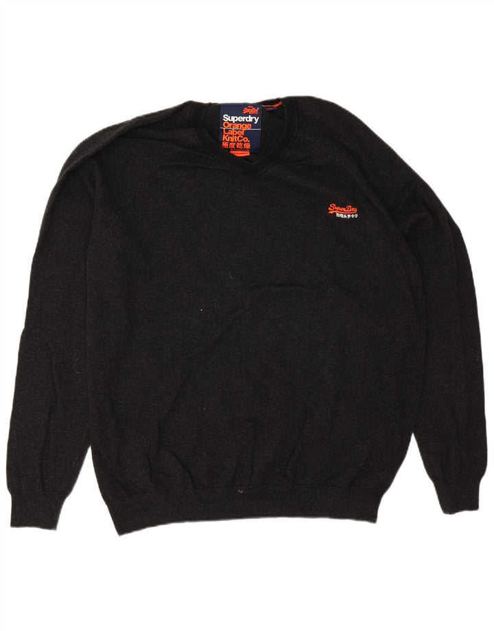 Superdry Mens V-Neck Jumper Sweater 2XL Grey Cotton