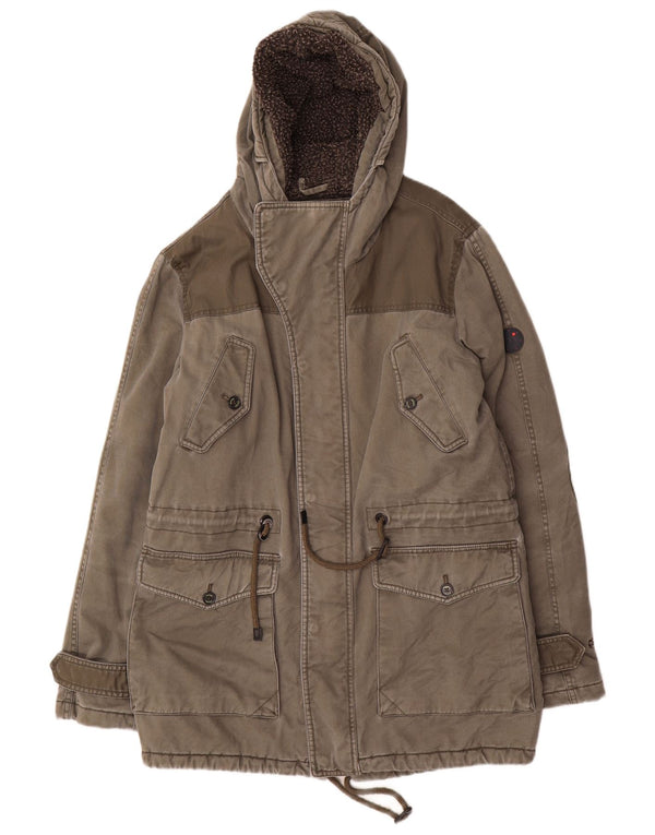 Mistral Mens Hooded Sherpa Parka Jacket UK 40 Large Khaki Cotton