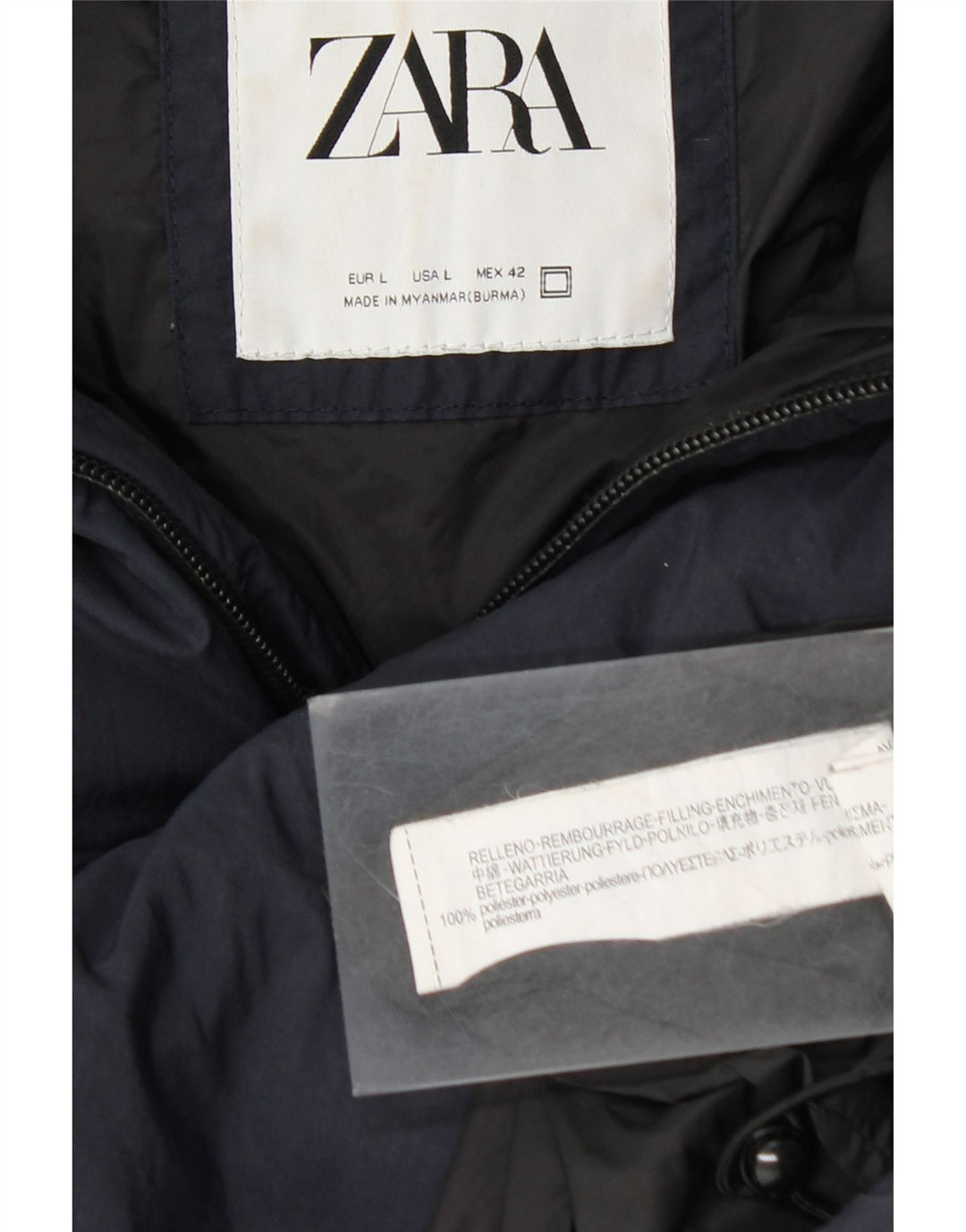 Zara Mens Hooded Padded Jacket UK 40 Large Navy Blue Polyester