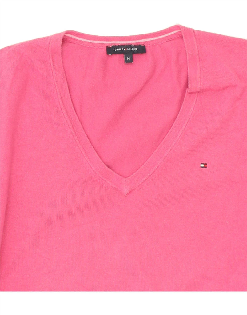 TOMMY HILFIGER Womens V-Neck Jumper Sweater UK 12 Medium Pink Cotton | Vintage Tommy Hilfiger | Thrift | Second-Hand Tommy Hilfiger | Used Clothing | Messina Hembry 