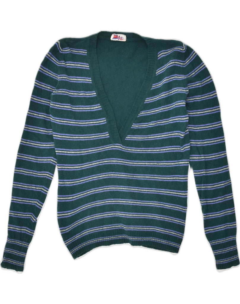 VINTAGE Womens V-Neck Jumper Sweater IT 46 Large Green Striped | Vintage Vintage | Thrift | Second-Hand Vintage | Used Clothing | Messina Hembry 