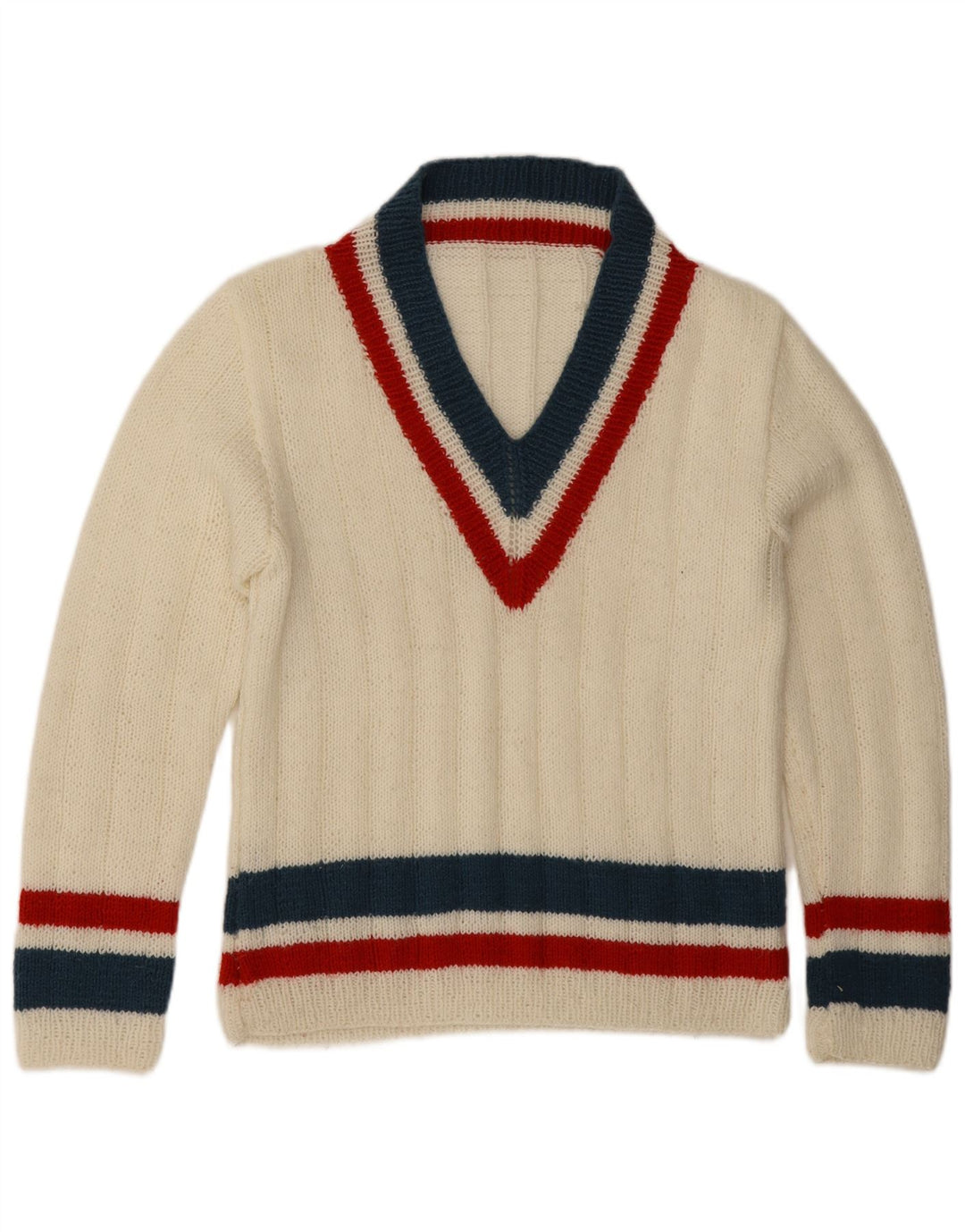 Vintage Mens V-Neck Jumper Sweater Medium White Striped