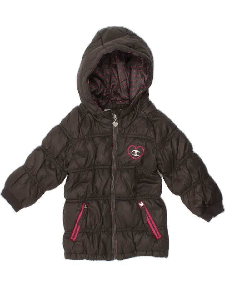 CHAMPION Baby Girls Graphic Hooded Padded Coat 9-12 Months Grey Vintage Champion and Second-Hand Champion from Messina Hembry 