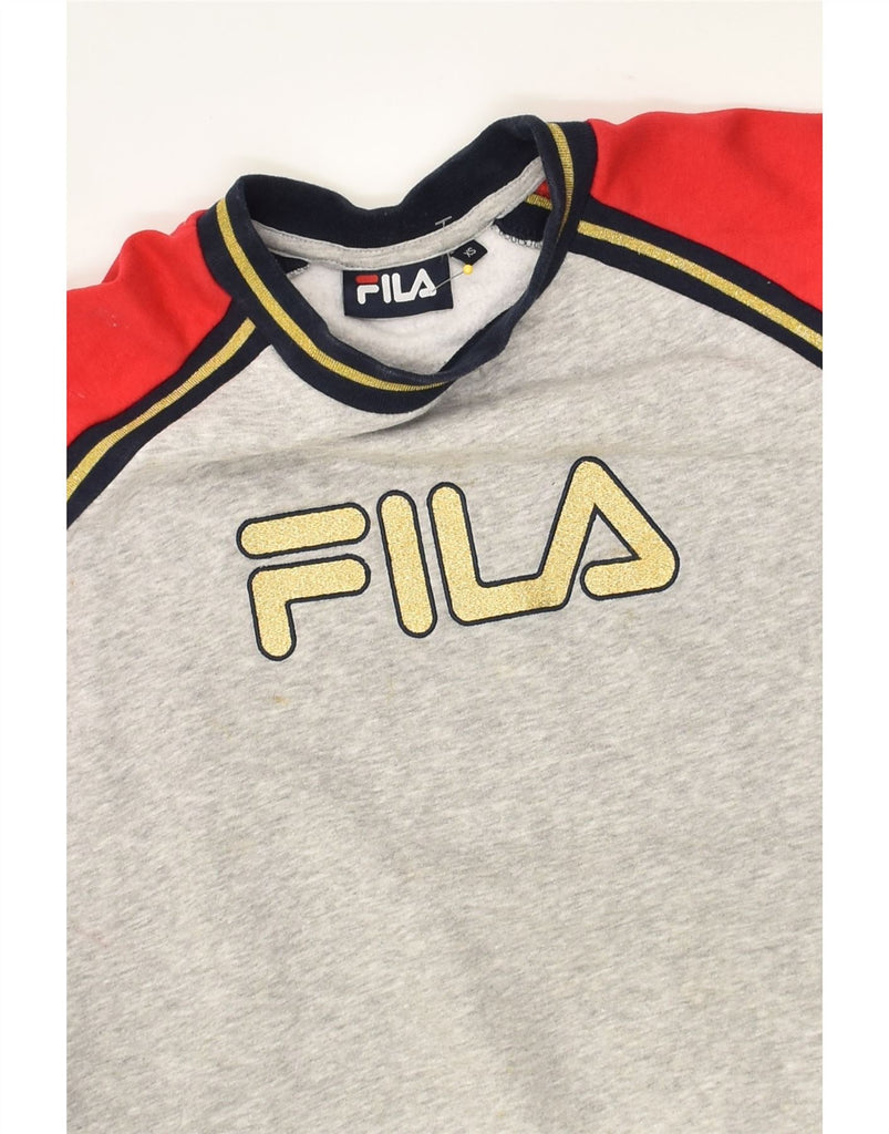 FILA Womens Graphic Sweatshirt Jumper UK 6 XS Grey Colourblock Cotton | Vintage Fila | Thrift | Second-Hand Fila | Used Clothing | Messina Hembry 