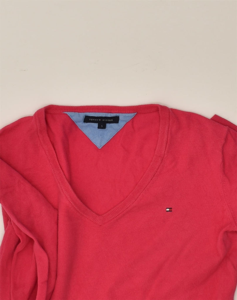 TOMMY HILFIGER Womens V-Neck Jumper Sweater UK 10 Small  Red Cotton | Vintage Tommy Hilfiger | Thrift | Second-Hand Tommy Hilfiger | Used Clothing | Messina Hembry 