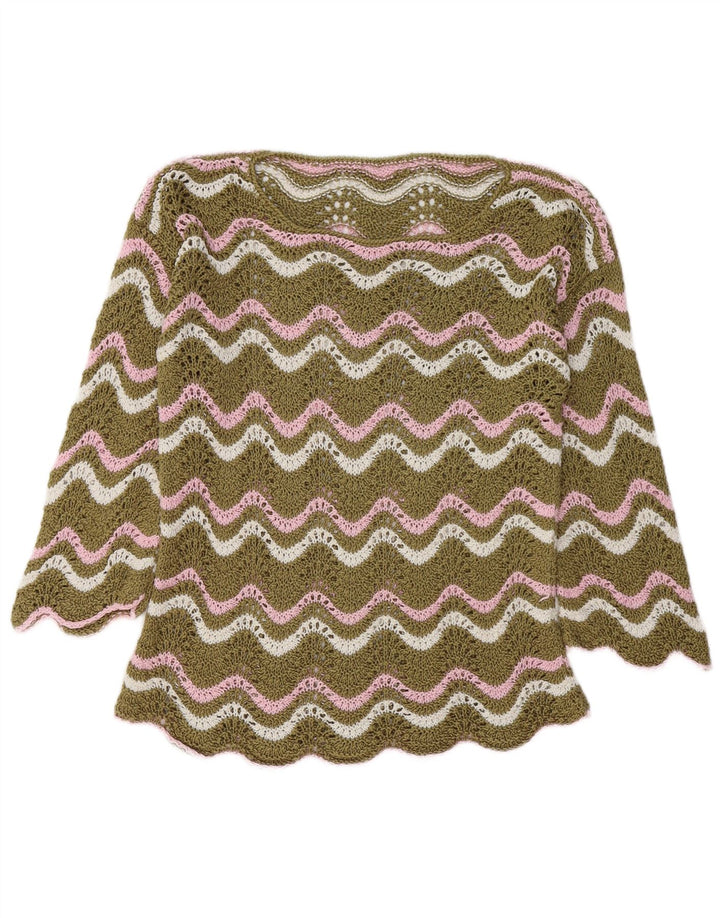 Vintage Womens Crochet Boat Neck Jumper Sweater UK 14 Medium Khaki Chevron