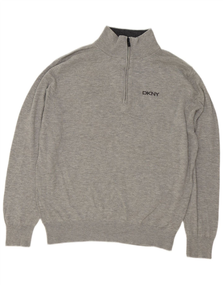 Dkny Mens Zip Neck Jumper Sweater Large Grey Flecked Cotton