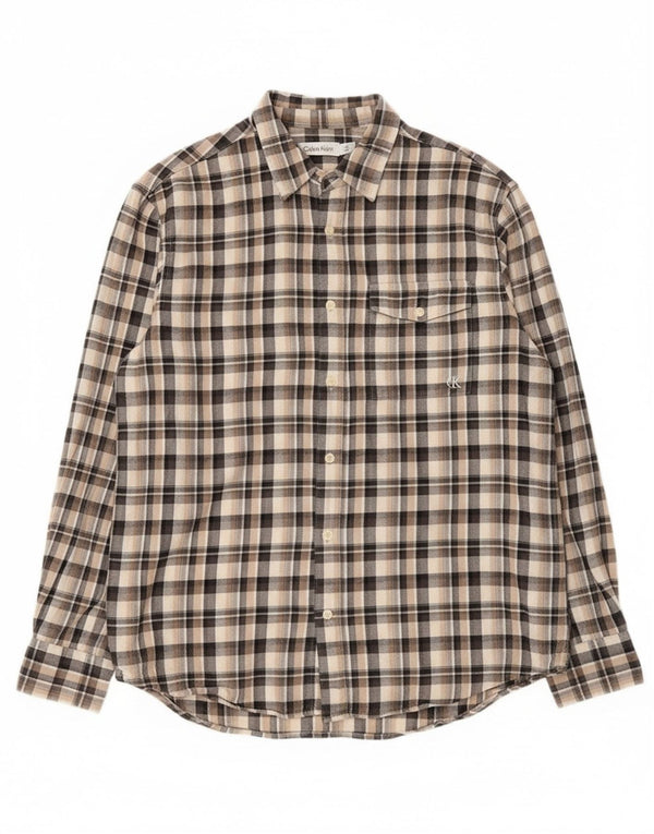 Calvin Klein Mens Flannel Shirt Medium Beige Check Cotton