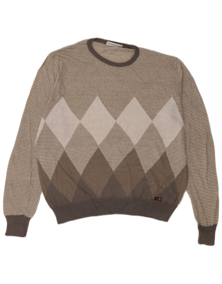 Trussardi Mens Crew Neck Jumper Sweater Large Grey Argyle/Diamond