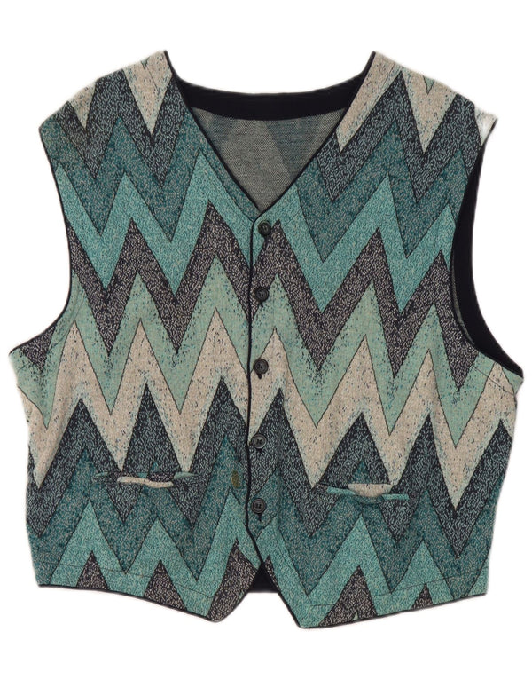 Vintage Womens Knit Waistcoat IT 52 2XL Blue Chevron Cotton