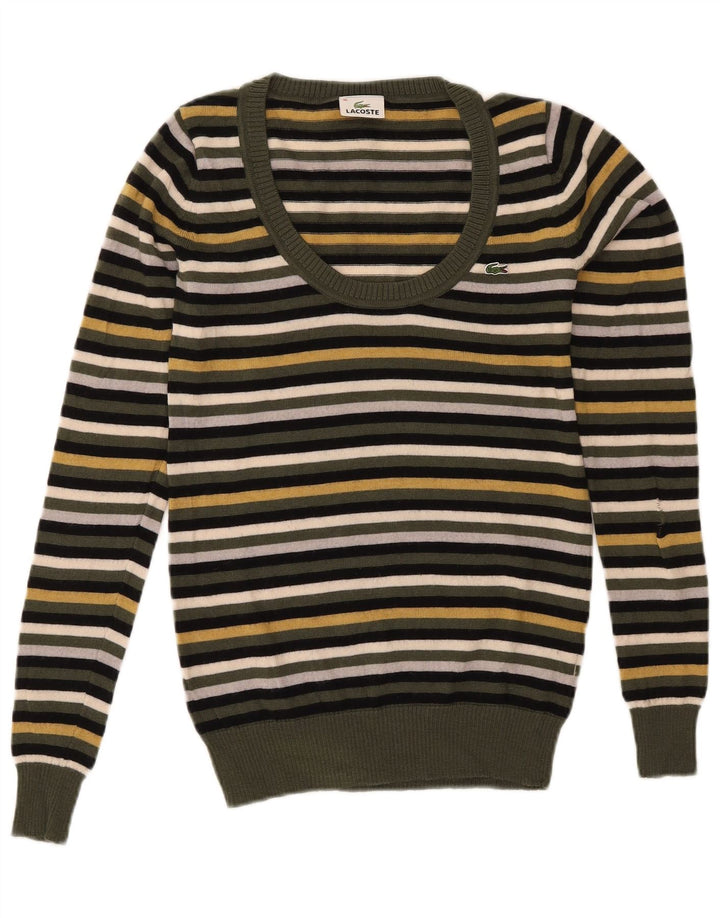 LACOSTE Womens Boat Neck Jumper Sweater Size 36 Small Khaki Striped Wool