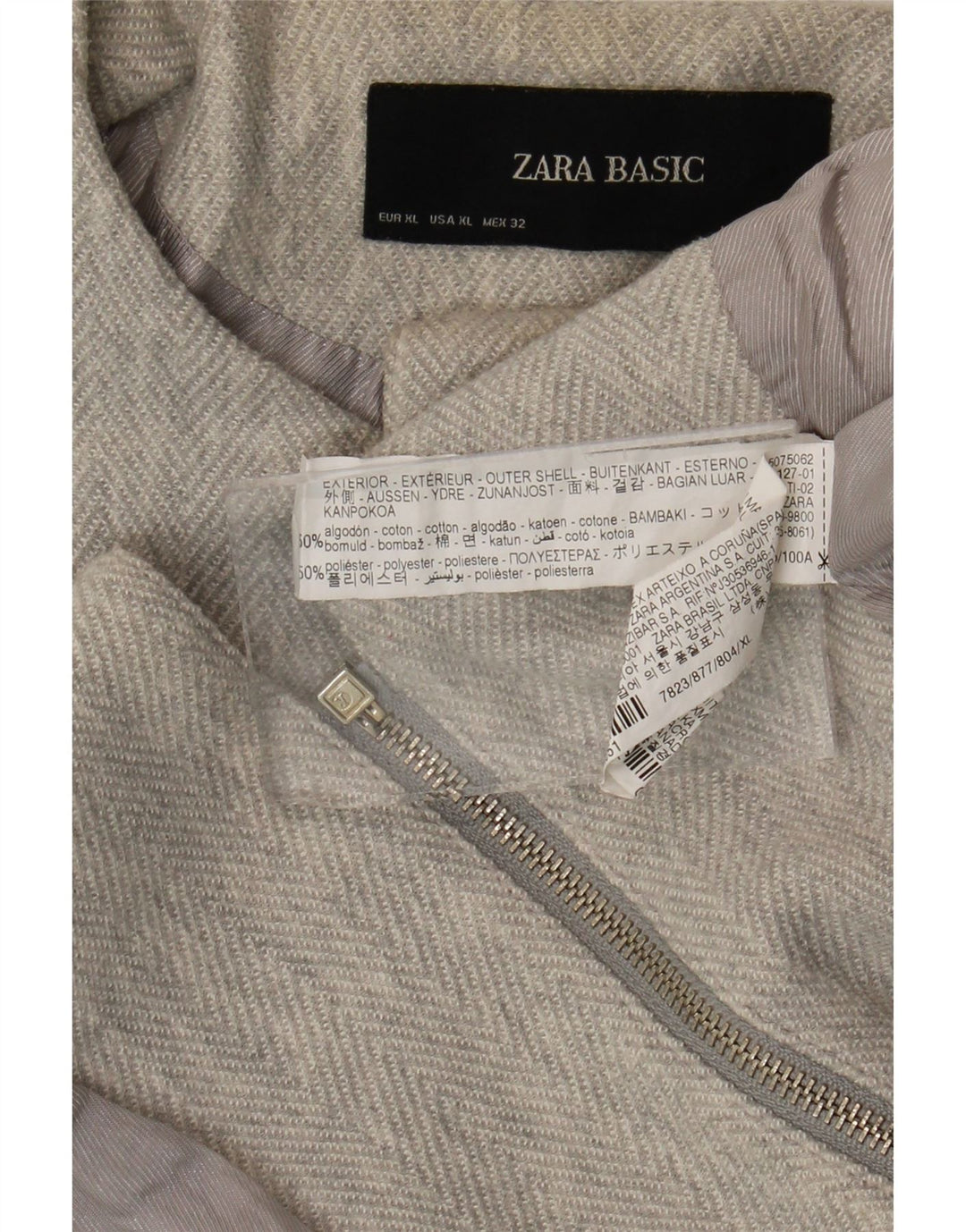 Zara Womens Full Zip Blazer Jacket UK 18 XL Grey Herringbone Cotton