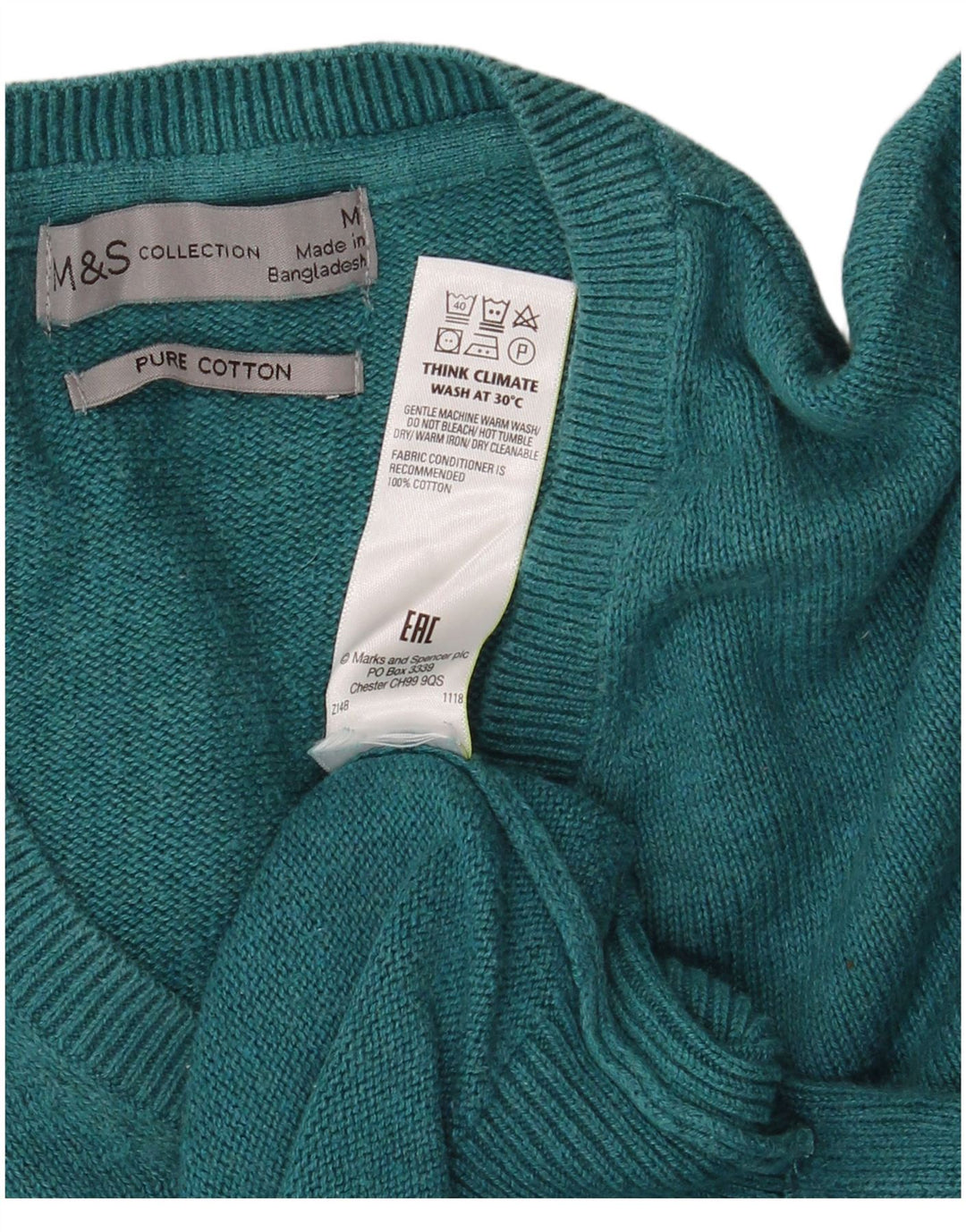 Marks & Spencer Mens V-Neck Jumper Sweater Medium Green Cotton
