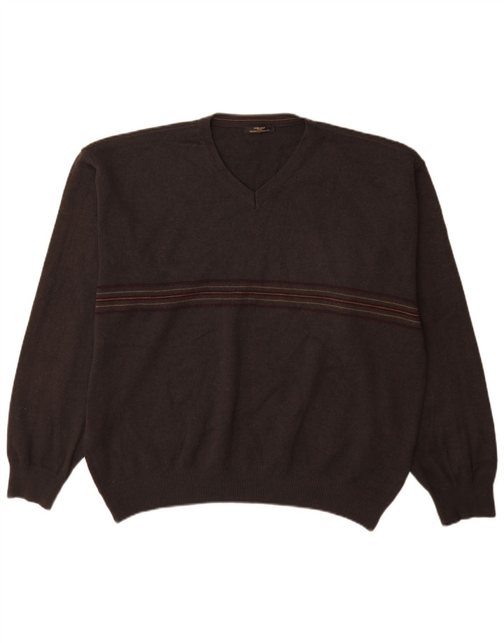 St Michael Mens V-Neck Jumper Sweater XL Grey Striped Acrylic