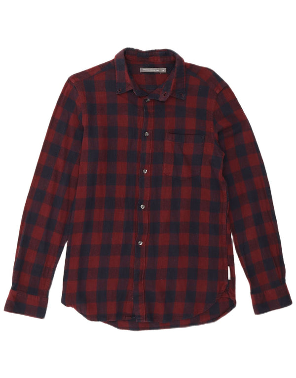 French Connection Mens Flannel Shirt Medium Burgundy Gingham Cotton
