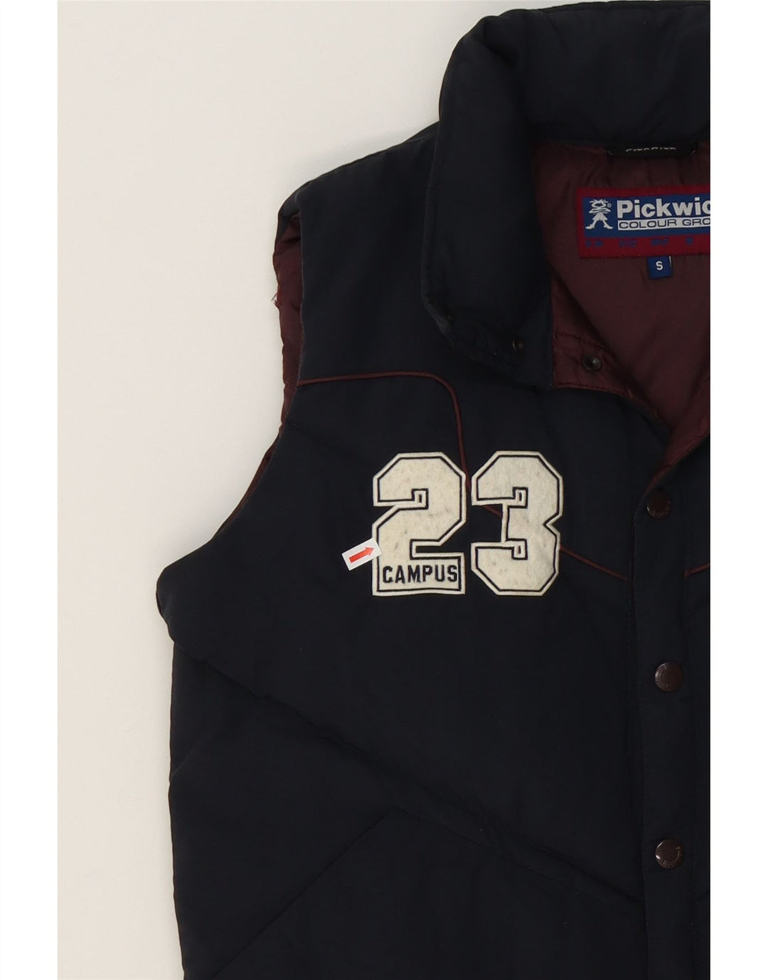 PICKWICK Mens Graphic Padded Gilet UK 36 Small Navy Blue Nylon Vintage Pickwick and Second-Hand Pickwick from Messina Hembry 