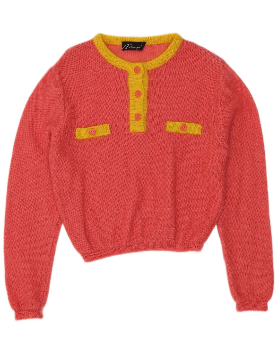 VINTAGE Womens Button Neck Jumper Sweater IT 44 Medium Pink Colourblock