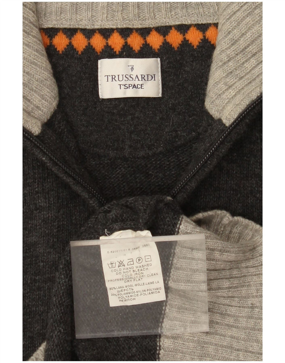 TRUSSARDI Mens Zip Neck Jumper Sweater Medium Grey Colourblock Wool