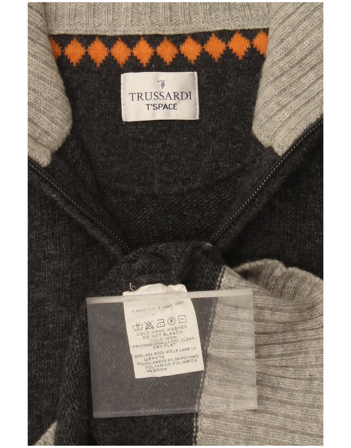 TRUSSARDI Mens Zip Neck Jumper Sweater Medium Grey Colourblock Wool