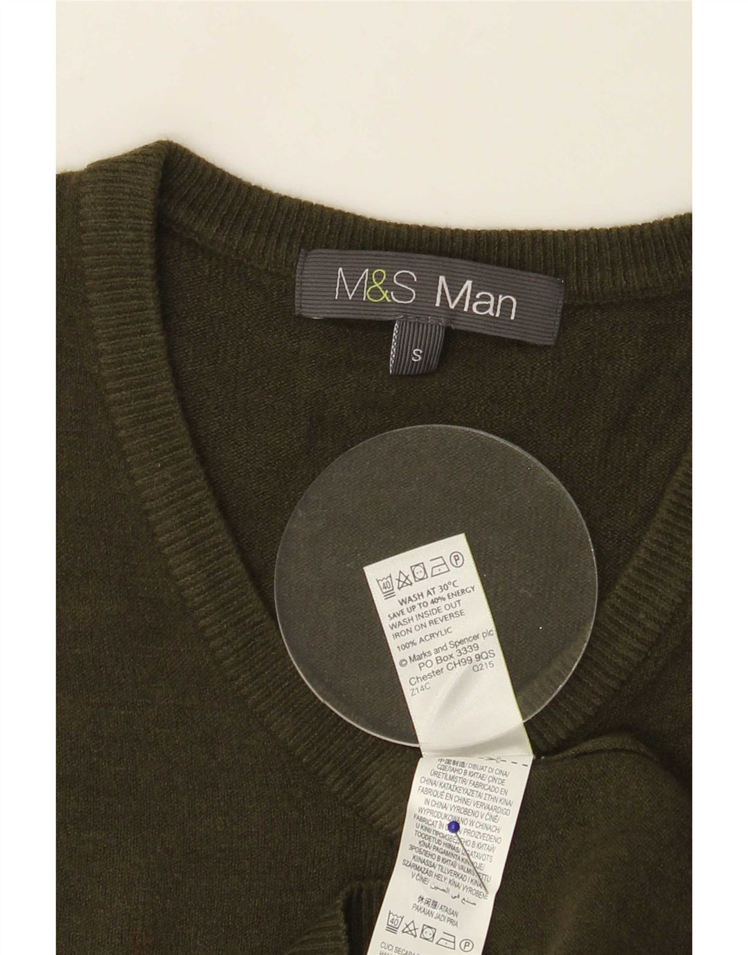 Marks & Spencer Mens V-Neck Jumper Sweater Small Khaki Acrylic