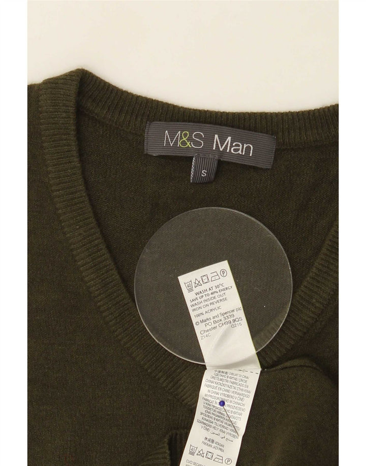 Marks & Spencer Mens V-Neck Jumper Sweater Small Khaki Acrylic