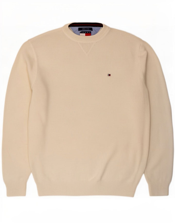 Tommy Hilfiger Mens Crew Neck Jumper Sweater Large Off White Cotton
