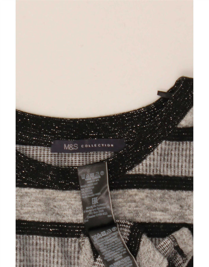 Marks & Spencer Womens Top Long Sleeve UK 12 Medium Grey Striped Polyester