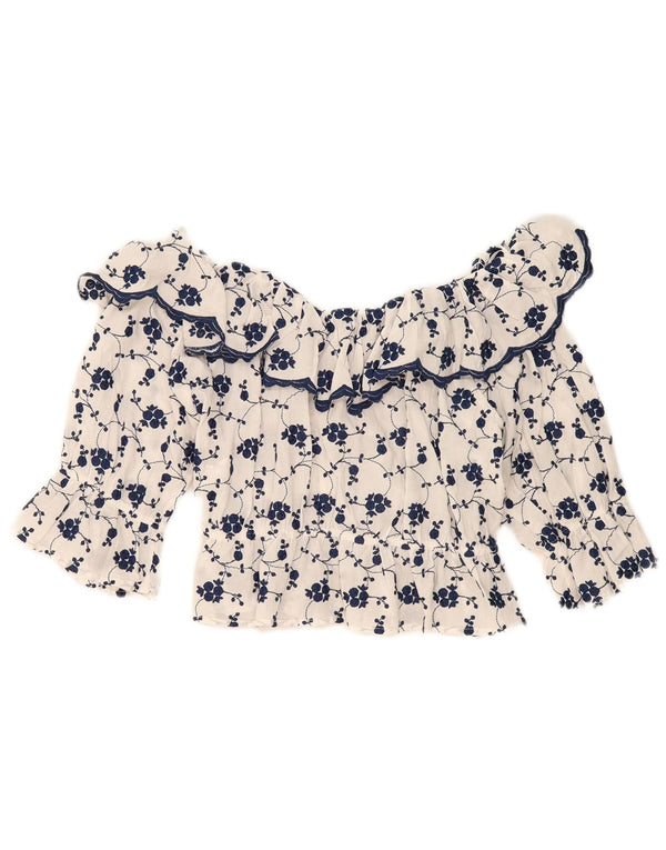 Zara Womens Crop Off Shoulder Blouse Top UK 14 Large White Floral Cotton