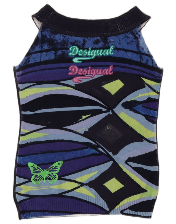 Desigual Womens Vest Tank Top UK 10 Small Navy Blue Floral Butterfly