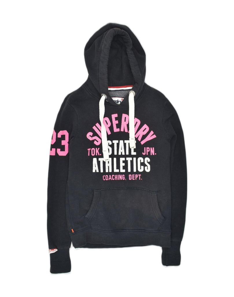 SUPERDRY Womens Track & Field Graphic Hoodie Jumper UK 10 Small Black | Vintage Superdry | Thrift | Second-Hand Superdry | Used Clothing | Messina Hembry 