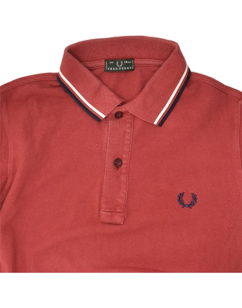 FRED PERRY Boys Long Sleeve Polo Shirt 13-14 Years Red Cotton Vintage Fred Perry and Second-Hand Fred Perry from Messina Hembry 