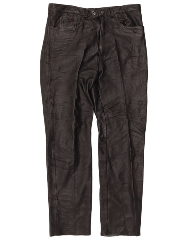 MODEKA Mens Straight Leather Trousers W37 L33 Black Leather