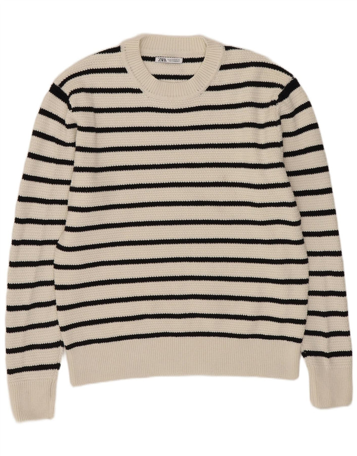 Zara Mens Crew Neck Jumper Sweater Medium White Striped Cotton