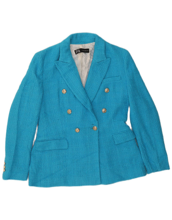 Zara Womens Double Breasted Blazer Jacket UK 12 Medium Blue Cotton