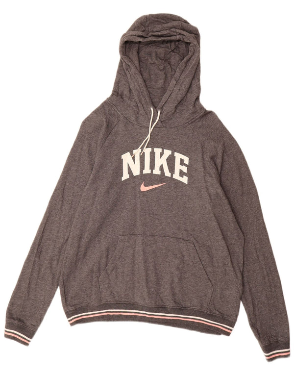 NIKE Womens Graphic Hoodie Jumper UK 16 Large Grey Cotton