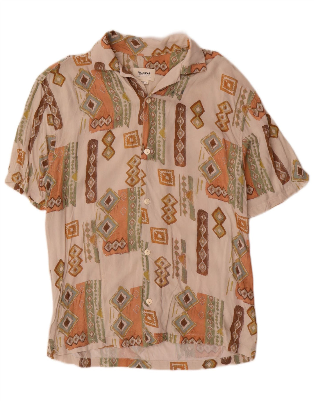 Pull & Bear Mens Short Sleeve Shirt XS Beige Geometric