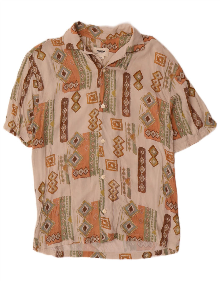 Pull & Bear Mens Short Sleeve Shirt XS Beige Geometric